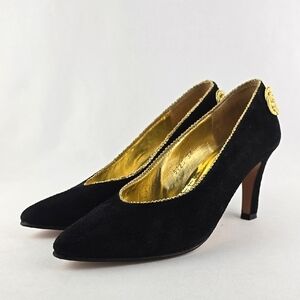 Battini Women's Vintage Black Suede Gold Trim Heel Shoes Pointy Toes Size 36